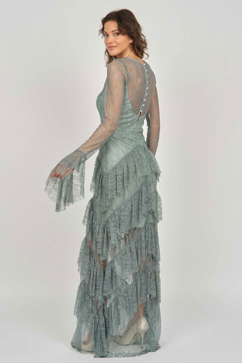 Doridorca Kadın Fırfır Detaylı Abiye Elbise 5921085 Limon Küfü - 5