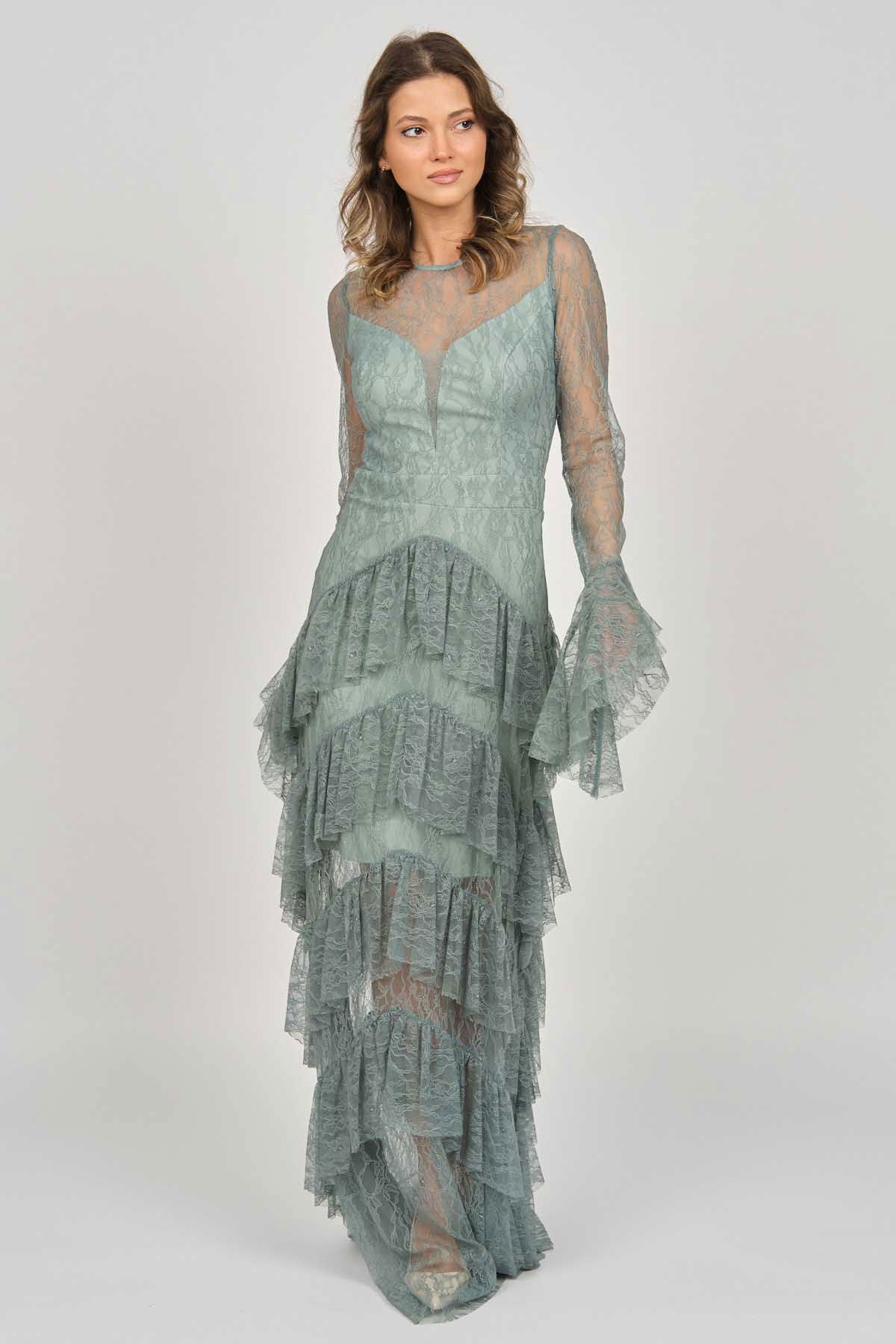 Doridorca Kadın Fırfır Detaylı Abiye Elbise 5921085 Limon Küfü - 6