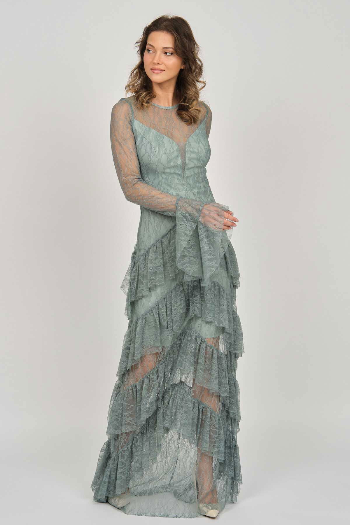 Doridorca Kadın Fırfır Detaylı Abiye Elbise 5921085 Limon Küfü - 7