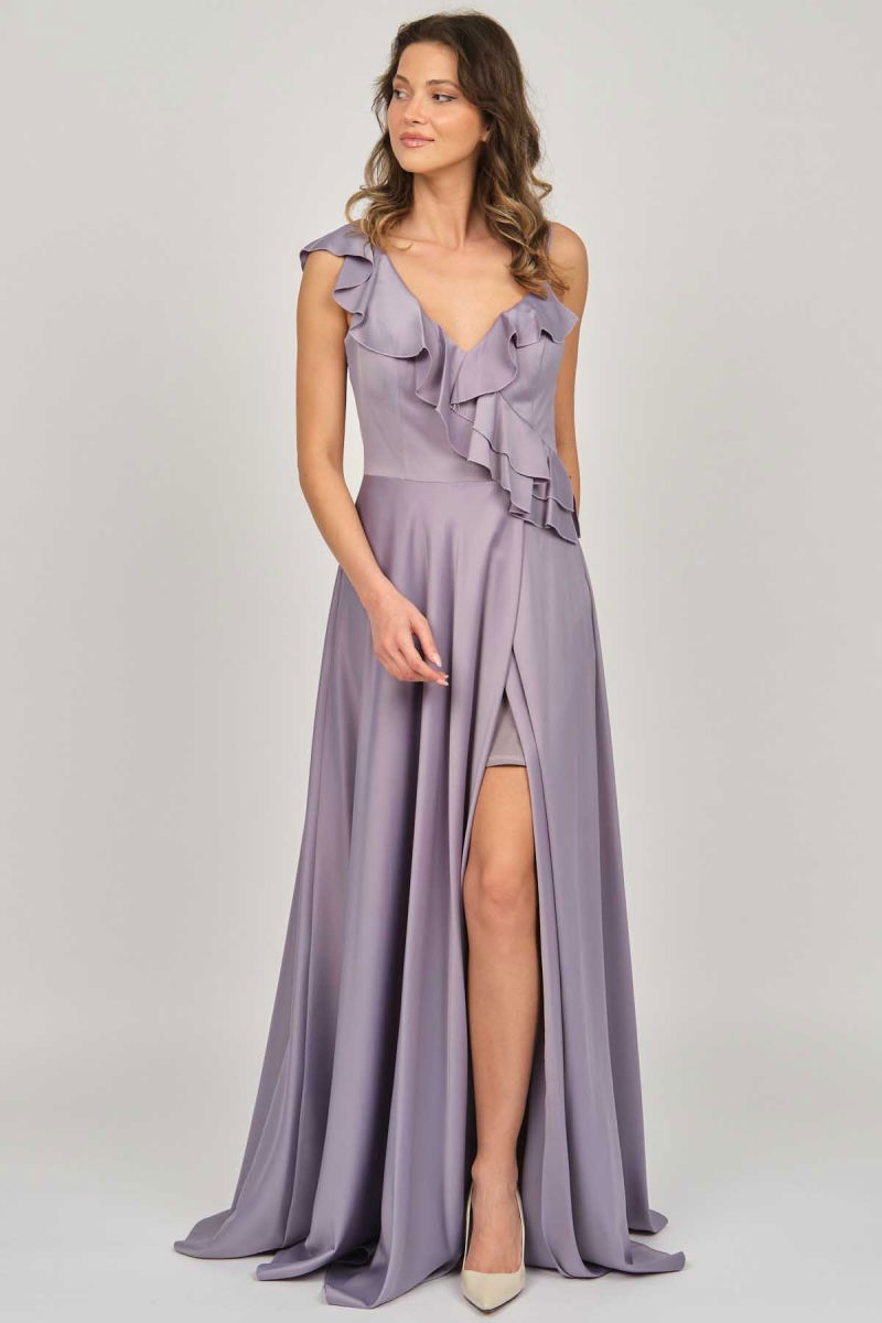 Doridorca Kadın Fırfır Detaylı Saten Abiye Elbise 5921180 Lila - 2