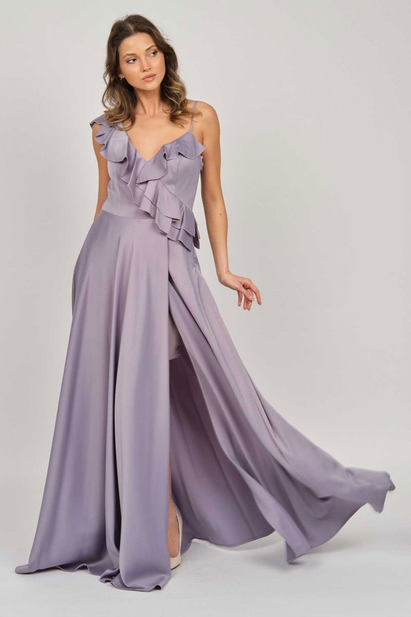 Doridorca Kadın Fırfır Detaylı Saten Abiye Elbise 5921180 Lila - 4