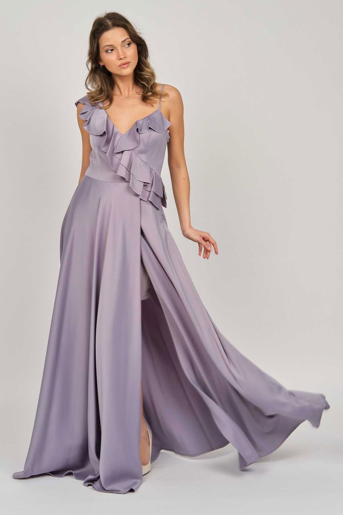 Doridorca Kadın Fırfır Detaylı Saten Abiye Elbise 5921180 Lila - 4