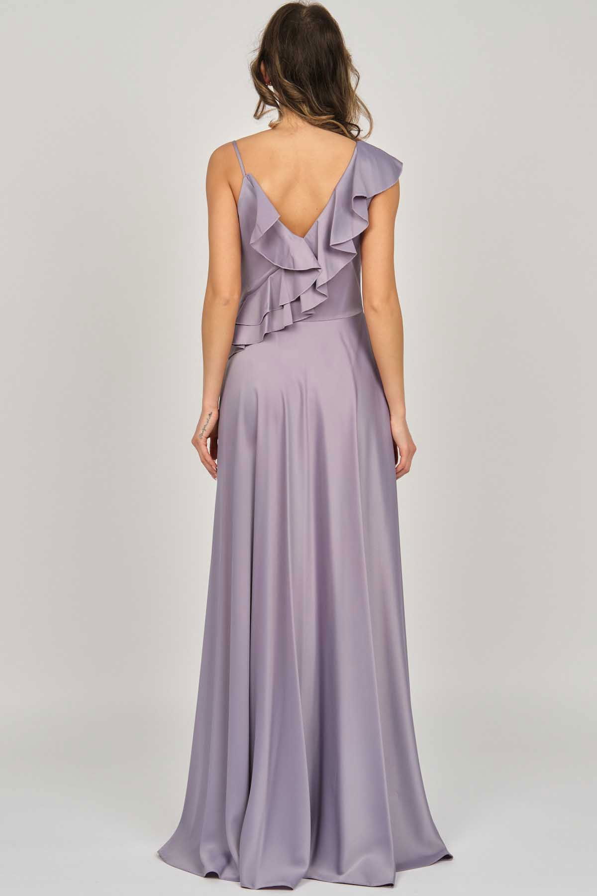 Doridorca Kadın Fırfır Detaylı Saten Abiye Elbise 5921180 Lila - 5