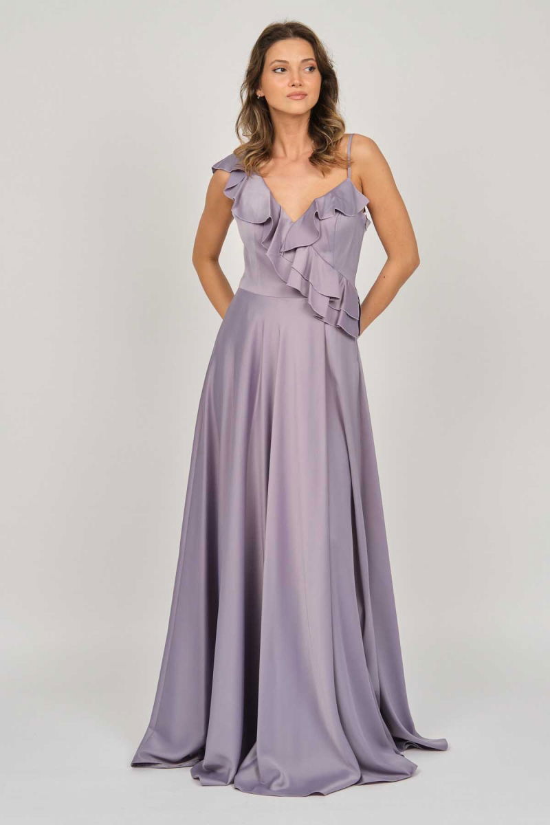 Doridorca Kadın Fırfır Detaylı Saten Abiye Elbise 5921180 Lila - 6