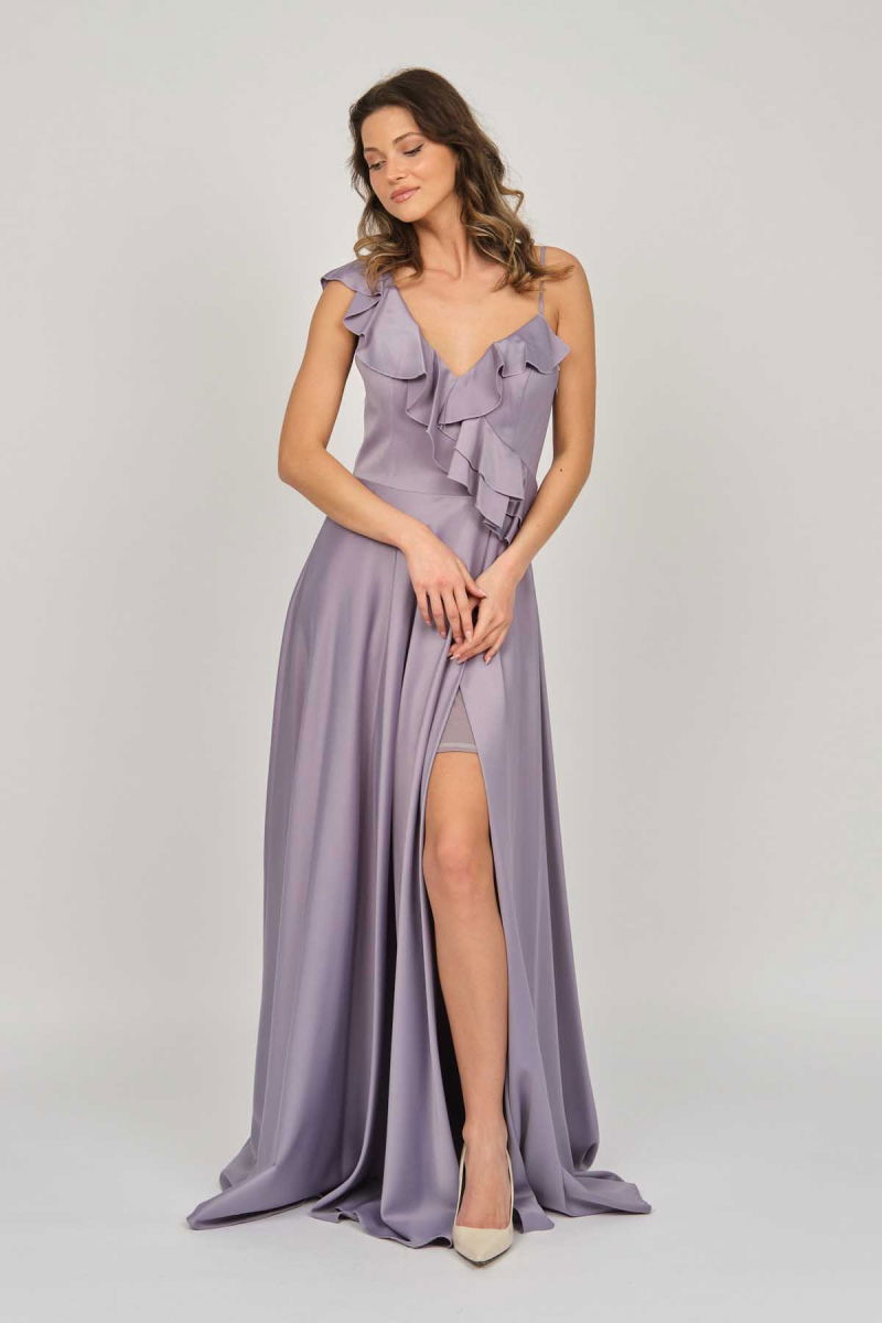 Doridorca Kadın Fırfır Detaylı Saten Abiye Elbise 5921180 Lila - 7