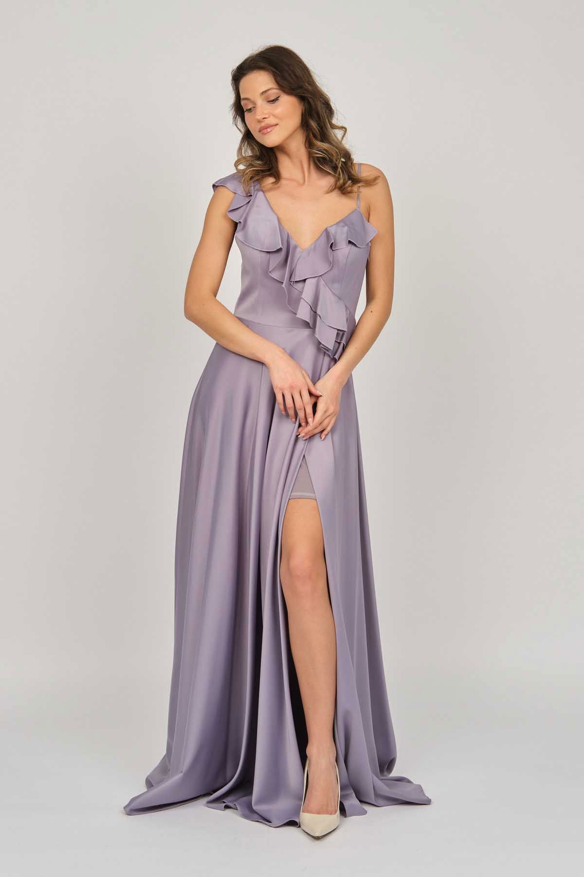 Doridorca Kadın Fırfır Detaylı Saten Abiye Elbise 5921180 Lila - 7