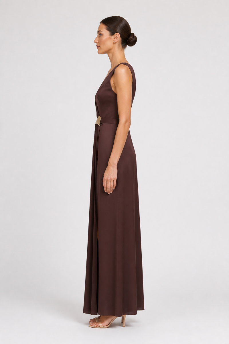 Doridorca Kadın Geniş Askılı Saten Kumaş Uzun Abiye Elbise 8011 Kahverengi - 3