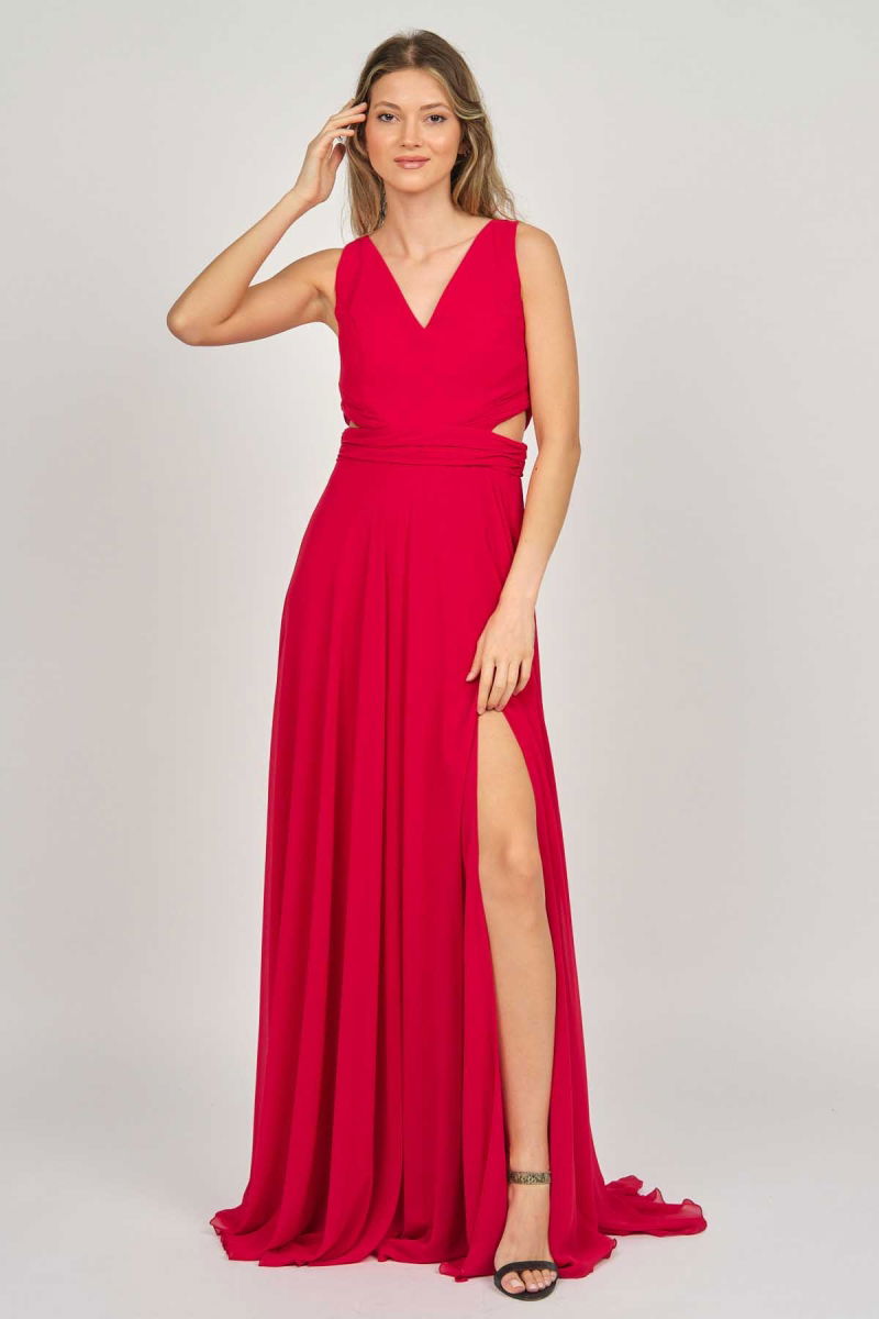 Doridorca Kadın Geniş Askılı Şifon Abiye Elbise 5922058 Kırmızı - 2