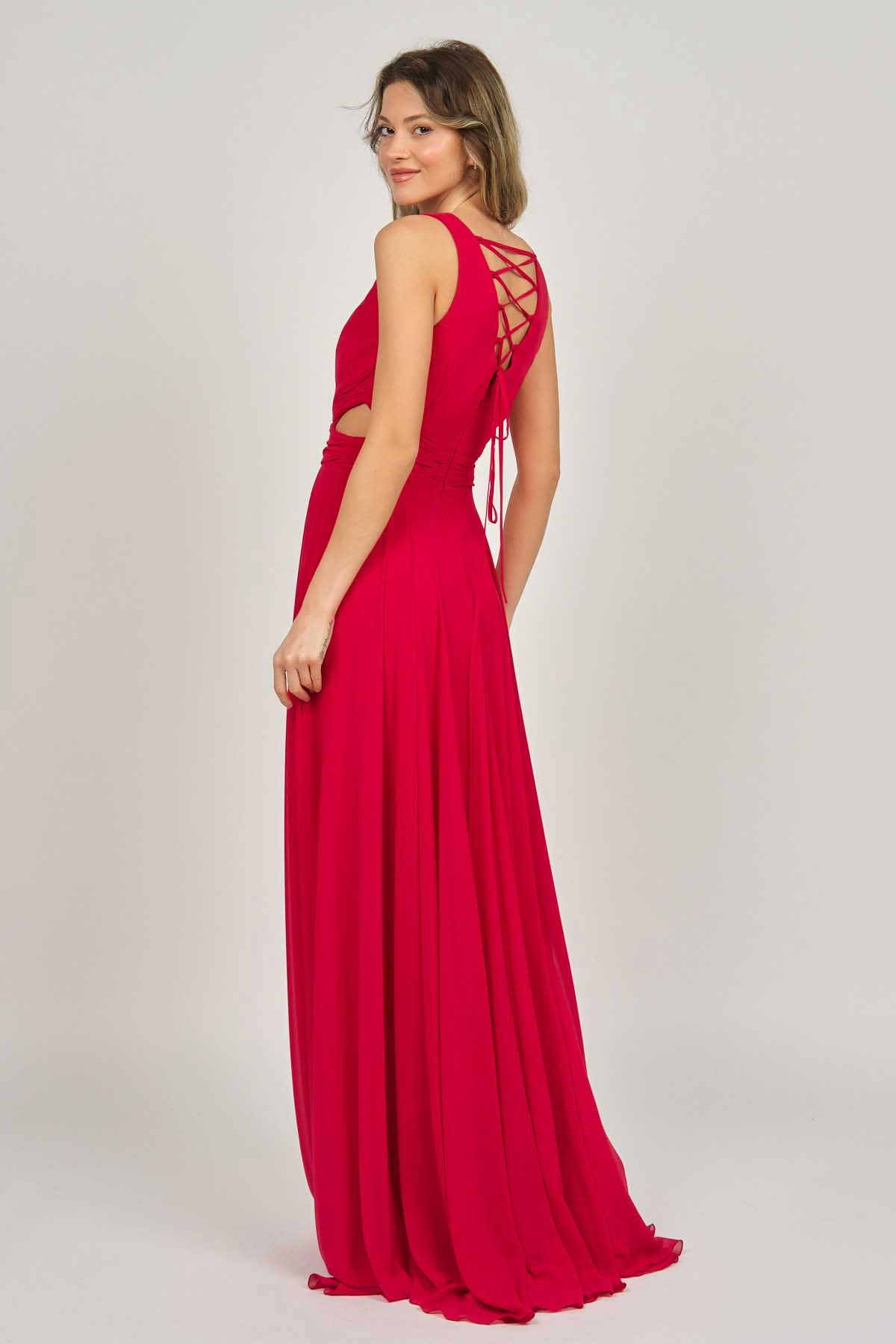 Doridorca Kadın Geniş Askılı Şifon Abiye Elbise 5922058 Kırmızı - 5