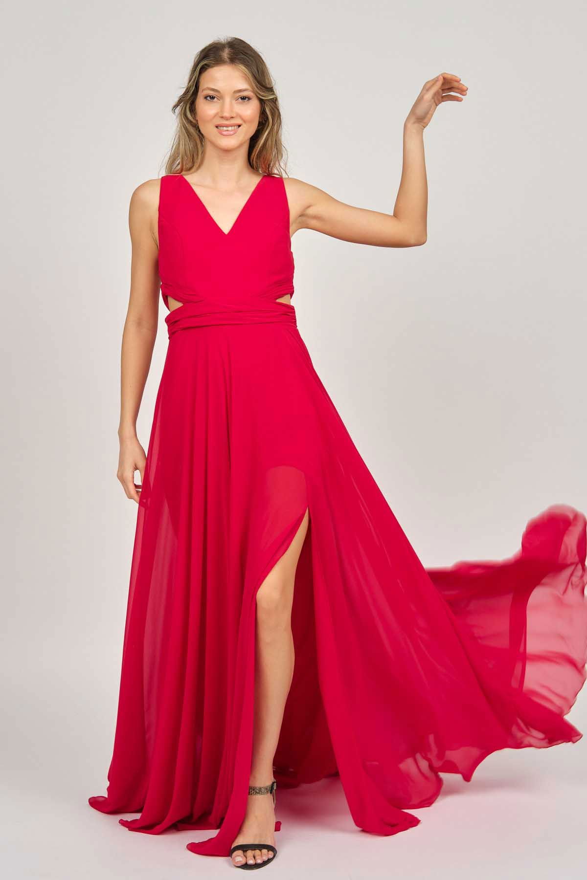 Doridorca Kadın Geniş Askılı Şifon Abiye Elbise 5922058 Kırmızı - 6