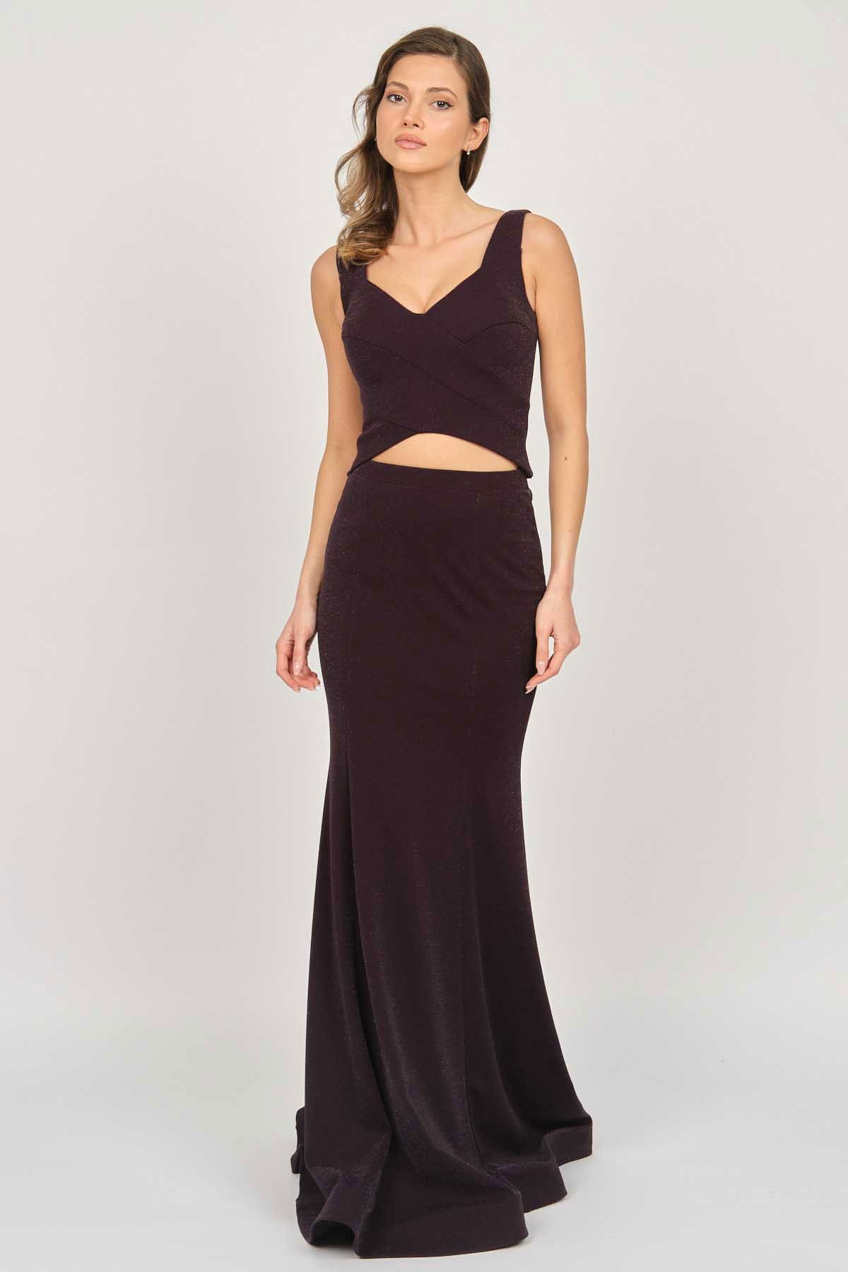 Doridorca Kadın İki Parça Simli Uzun Abiye Elbise 5929049 Mor - 1