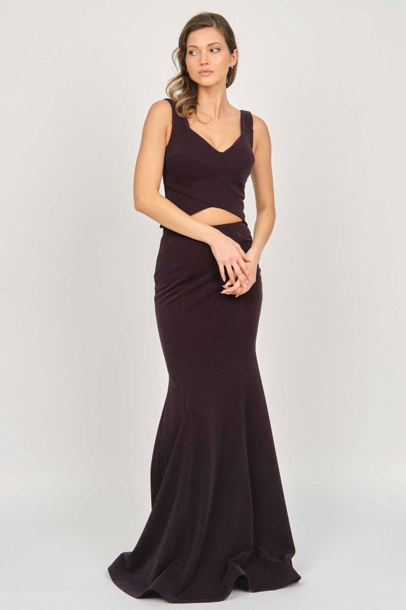 Doridorca Kadın İki Parça Simli Uzun Abiye Elbise 5929049 Mor - 7