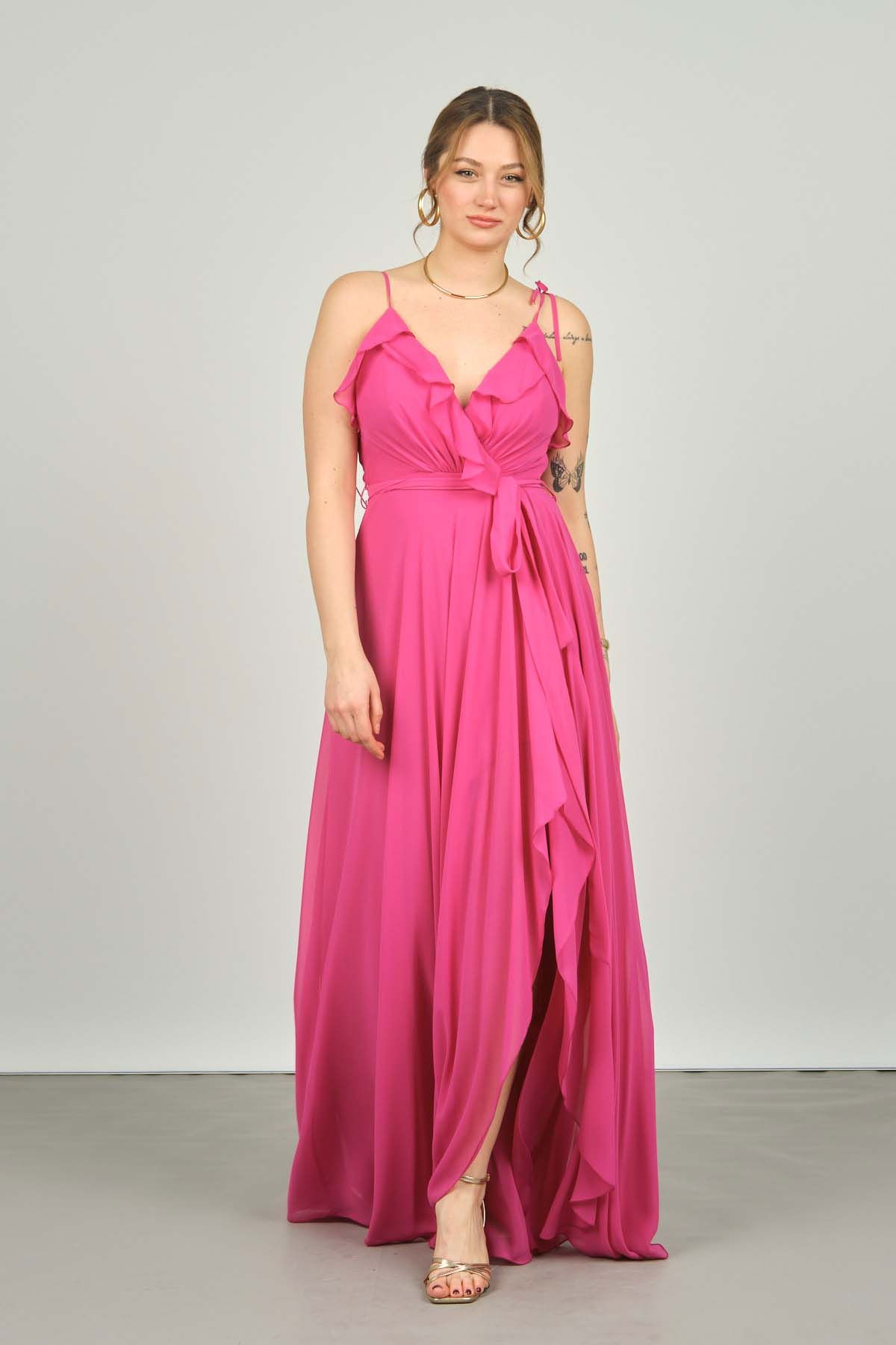 Doridorca Kadın İp Askılı Belden Bağlamalı Uzun Abiye Elbise 2032 Fuşya - 2