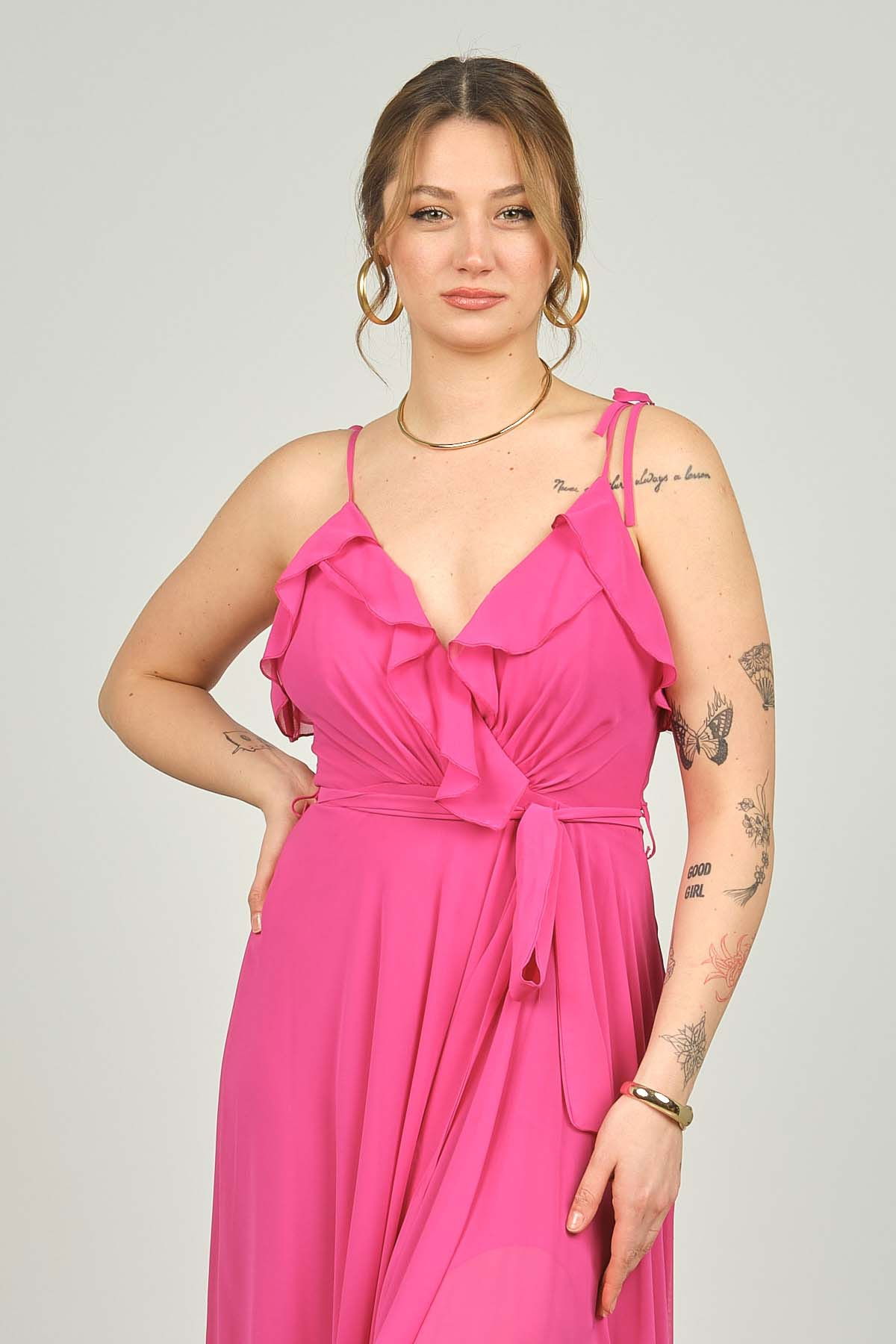Doridorca Kadın İp Askılı Belden Bağlamalı Uzun Abiye Elbise 2032 Fuşya - 3