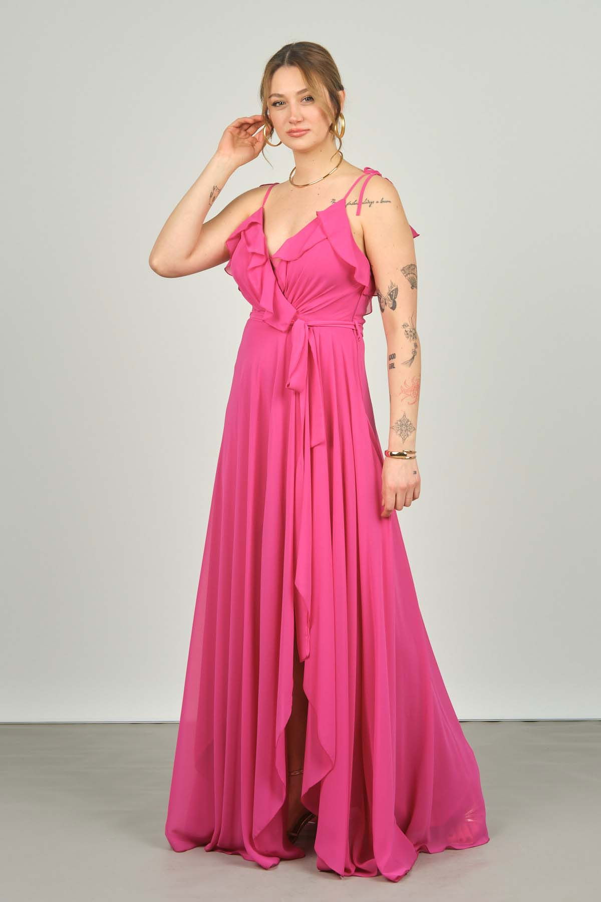 Doridorca Kadın İp Askılı Belden Bağlamalı Uzun Abiye Elbise 2032 Fuşya - 4