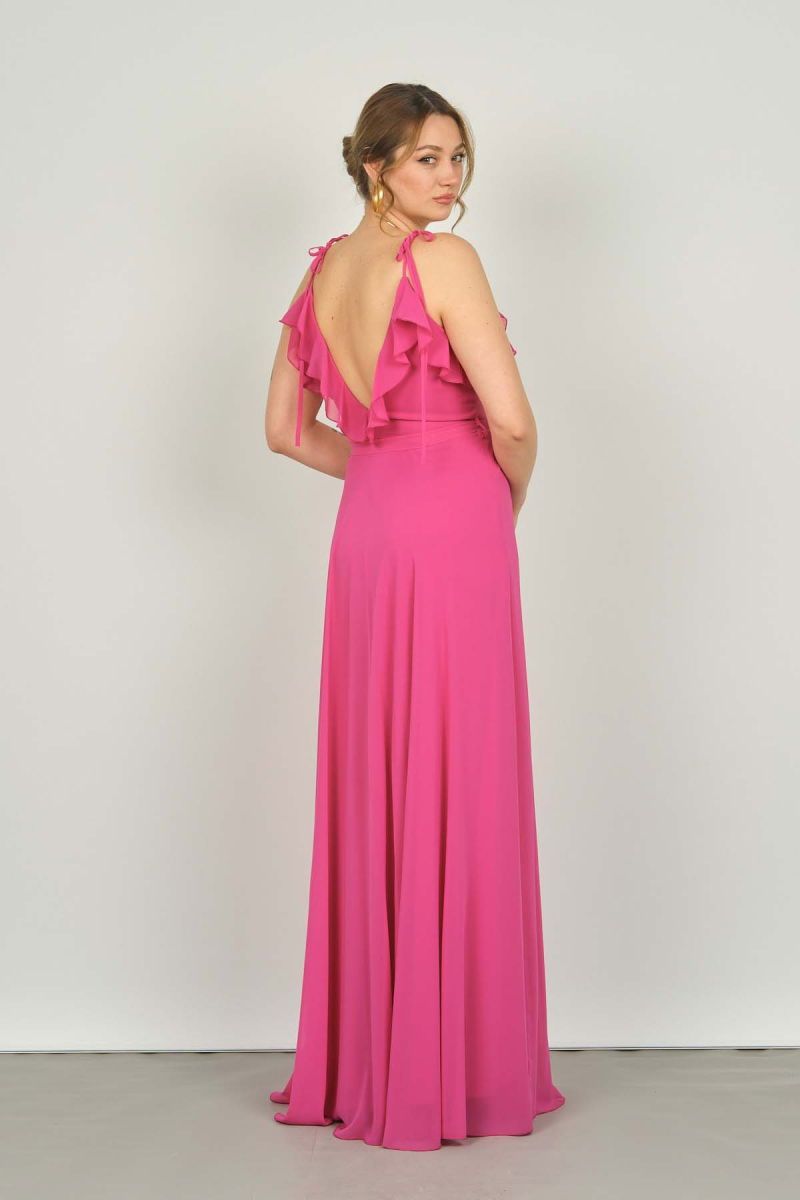 Doridorca Kadın İp Askılı Belden Bağlamalı Uzun Abiye Elbise 2032 Fuşya - 5