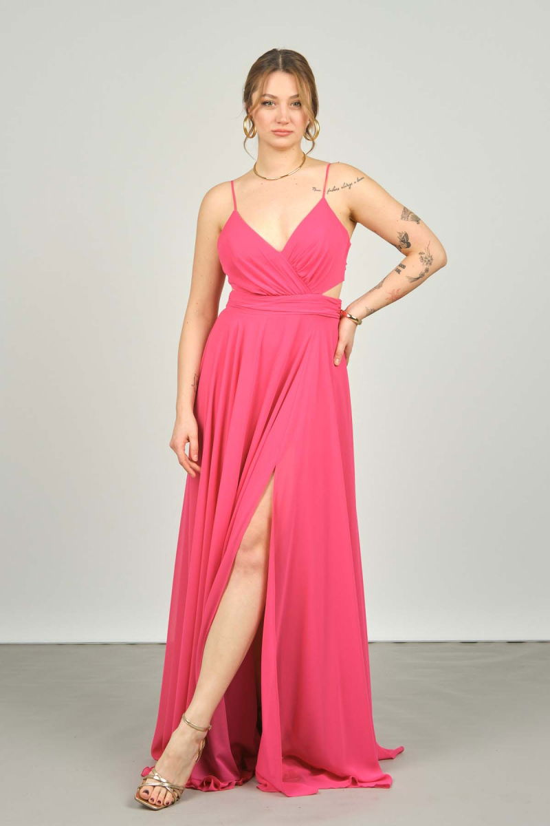 Doridorca Kadın İp Askılı Sırt Detaylı Uzun Abiye Elbise 4121 Fuşya - Doridorca