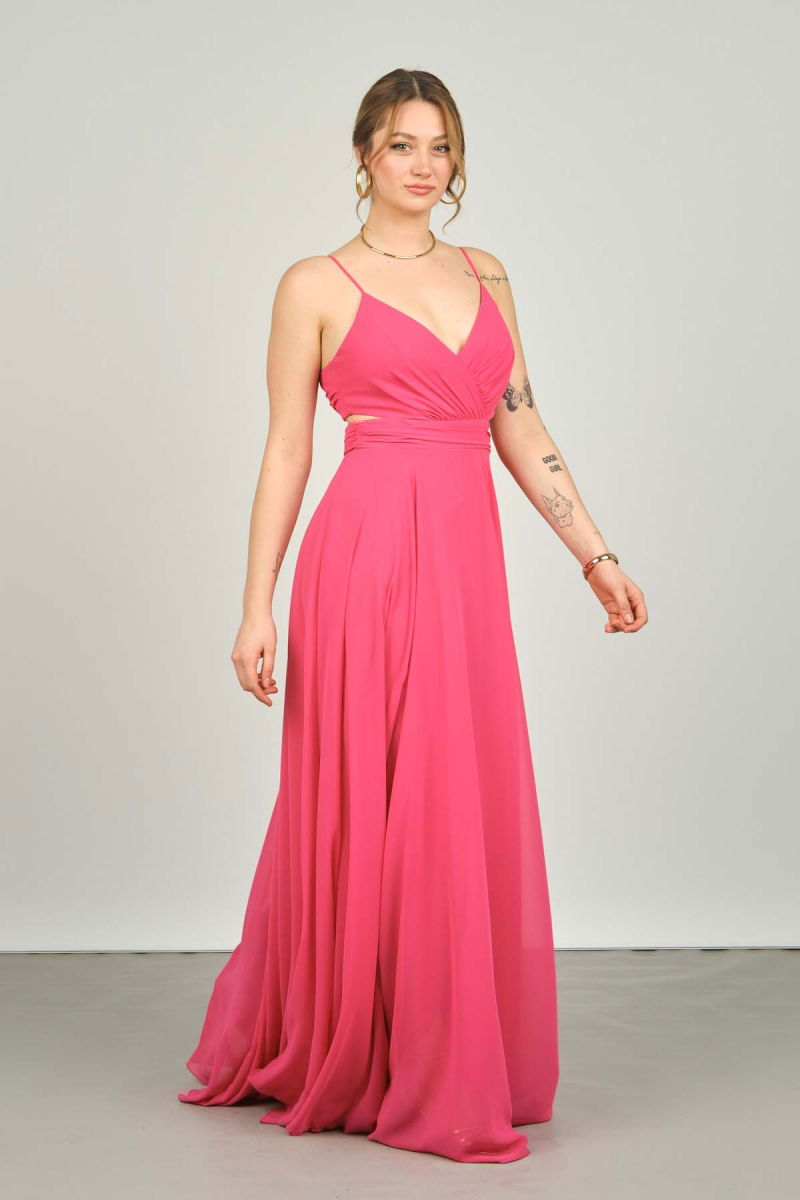 Doridorca Kadın İp Askılı Sırt Detaylı Uzun Abiye Elbise 4121 Fuşya - 2