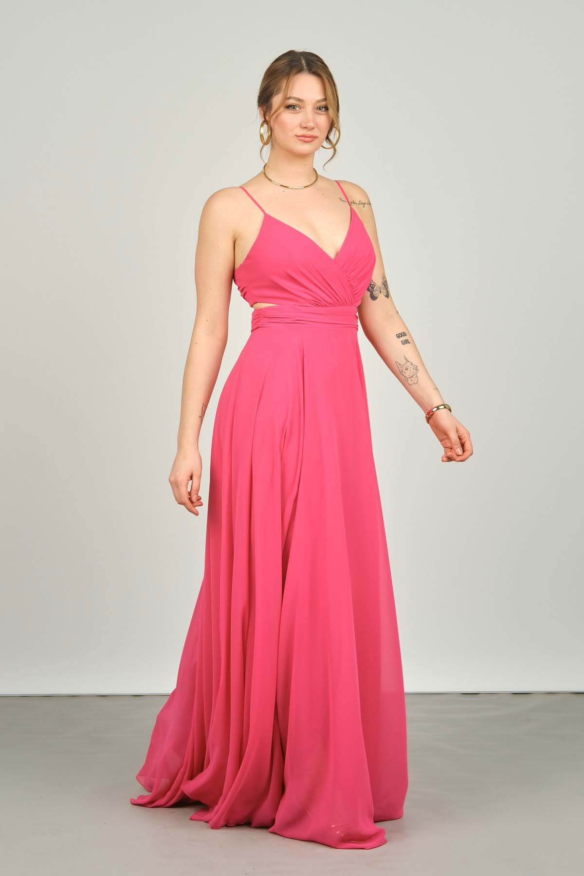 Doridorca Kadın İp Askılı Sırt Detaylı Uzun Abiye Elbise 4121 Fuşya - 2