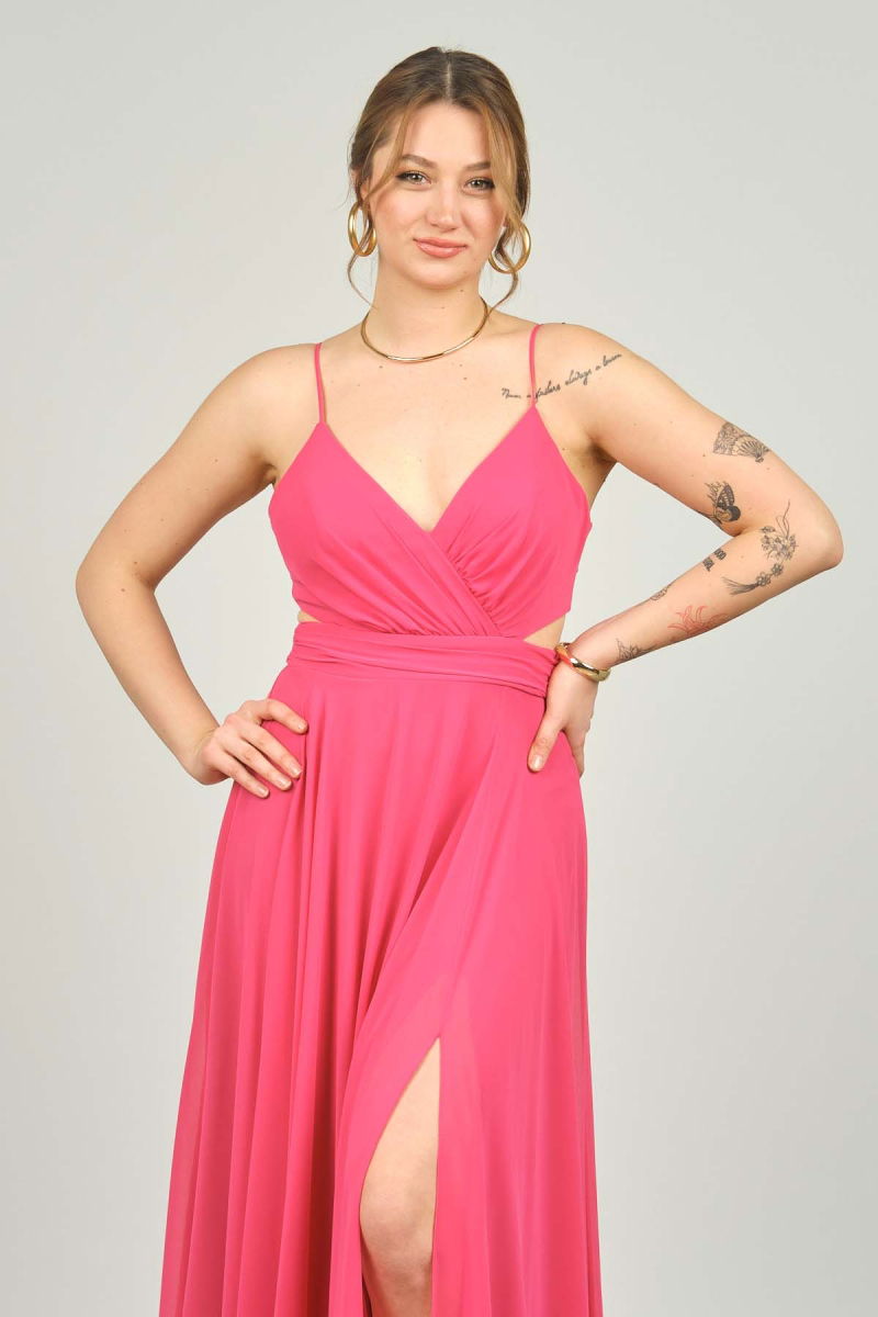 Doridorca Kadın İp Askılı Sırt Detaylı Uzun Abiye Elbise 4121 Fuşya - 3