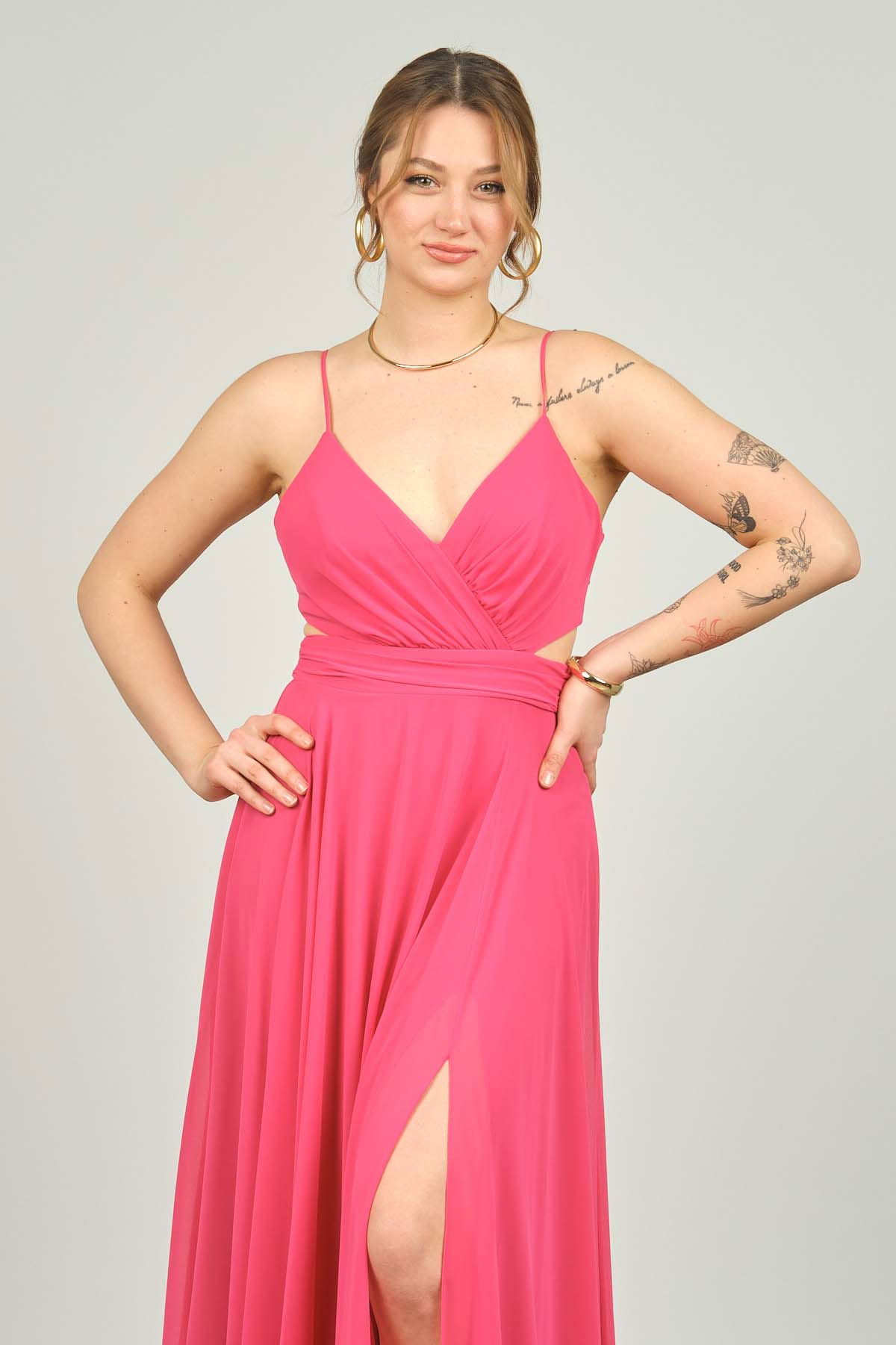 Doridorca Kadın İp Askılı Sırt Detaylı Uzun Abiye Elbise 4121 Fuşya - 3