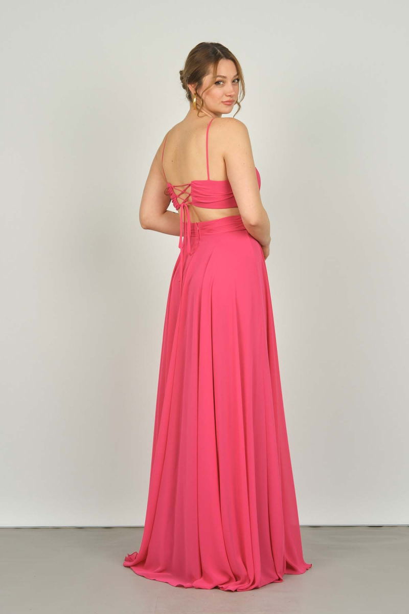 Doridorca Kadın İp Askılı Sırt Detaylı Uzun Abiye Elbise 4121 Fuşya - 4
