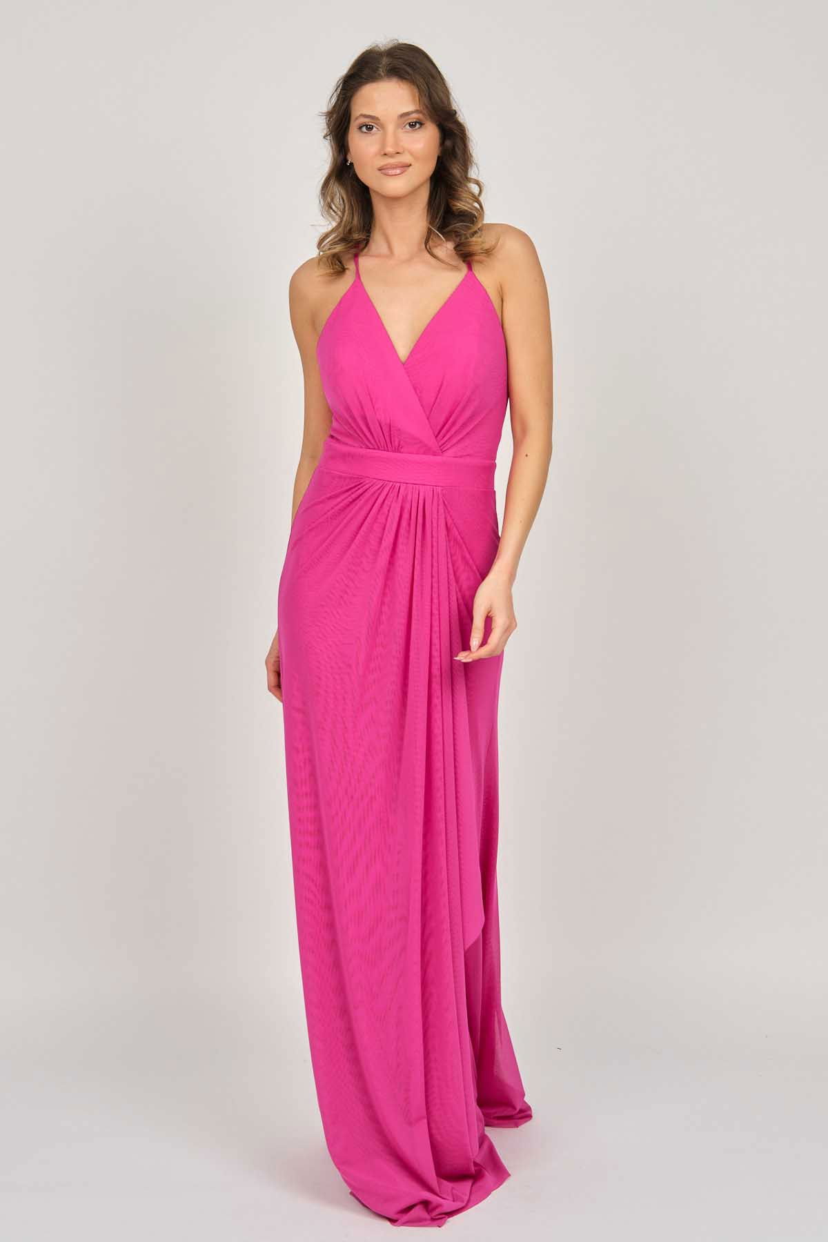 Doridorca Kadın İp Askılı Tül Abiye Elbise 5922049 Fuşya - 1