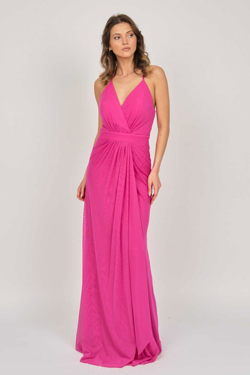 Doridorca Kadın İp Askılı Tül Abiye Elbise 5922049 Fuşya - 4