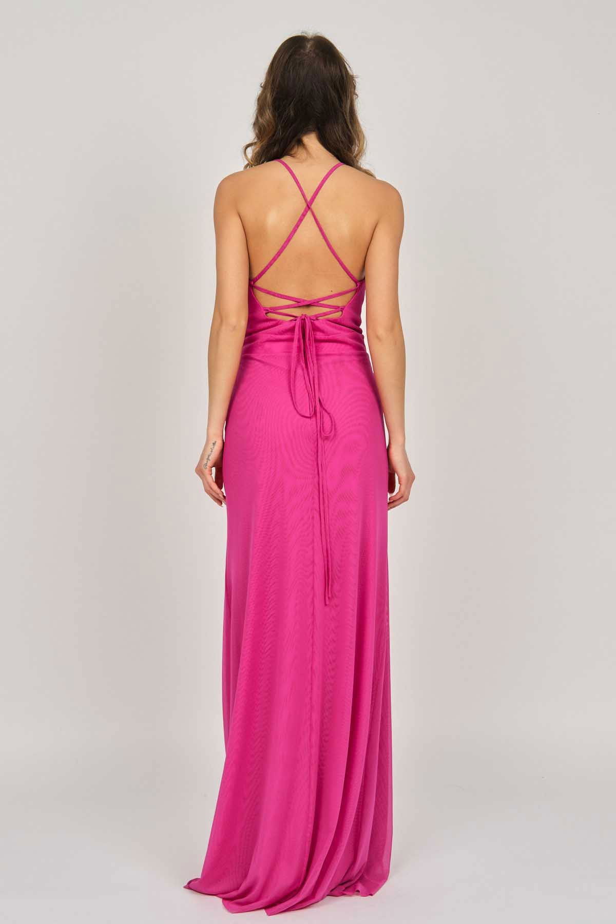 Doridorca Kadın İp Askılı Tül Abiye Elbise 5922049 Fuşya - 5