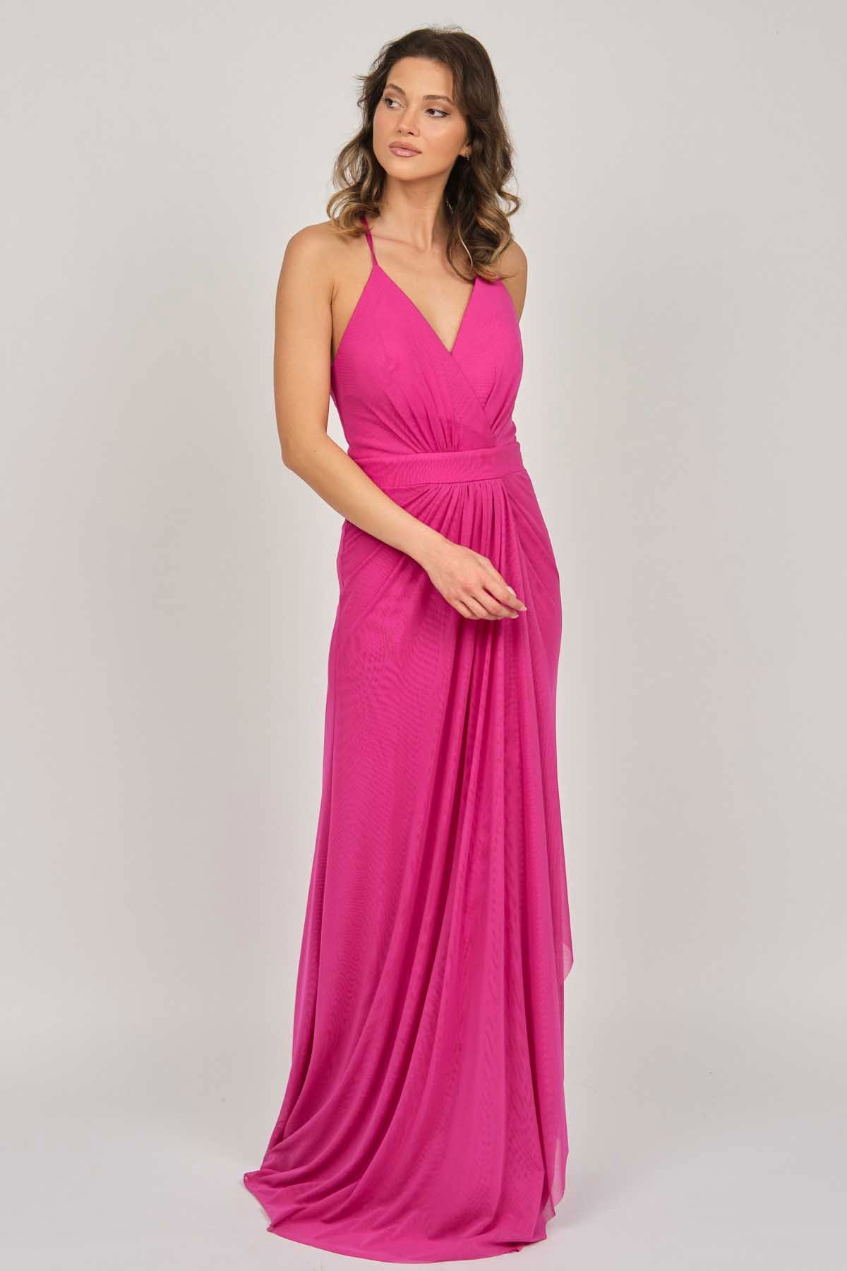 Doridorca Kadın İp Askılı Tül Abiye Elbise 5922049 Fuşya - 6