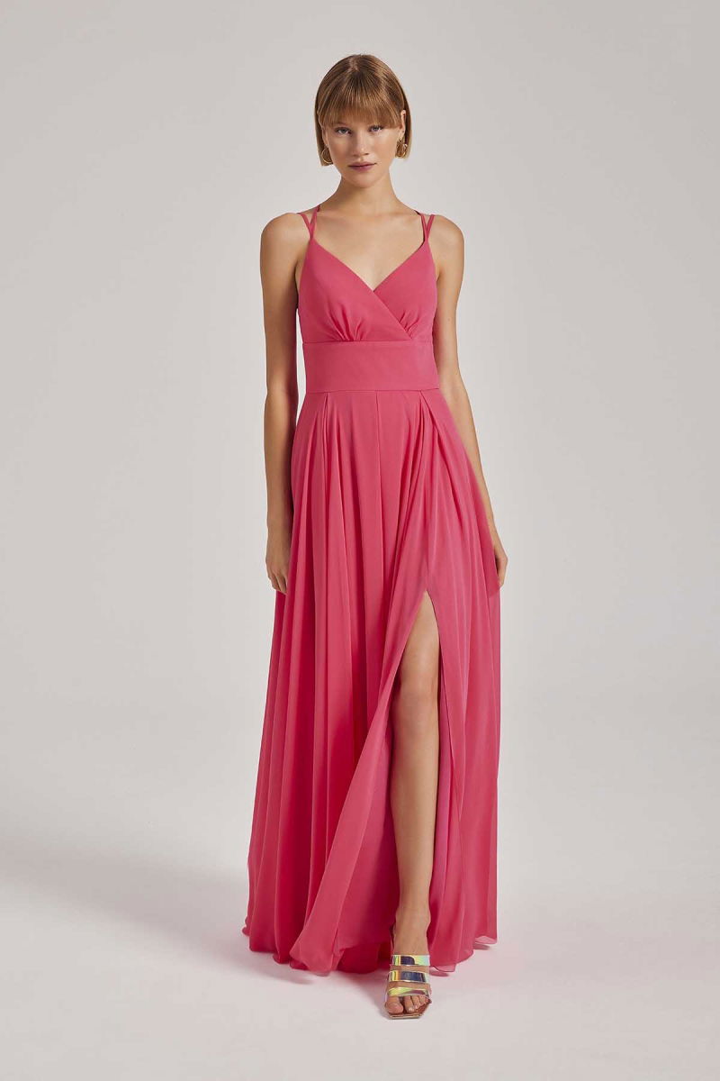 Doridorca Kadın İp Askılı Uzun Abiye Elbise 4115 Fuşya 