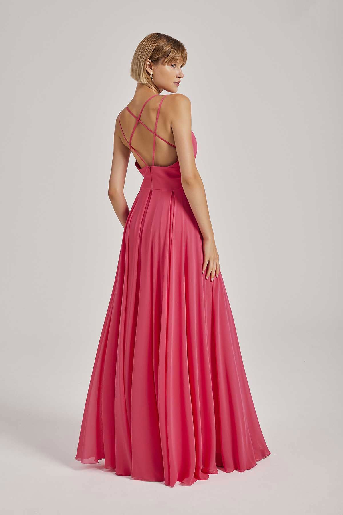 Doridorca Kadın İp Askılı Uzun Abiye Elbise 4115 Fuşya - 2