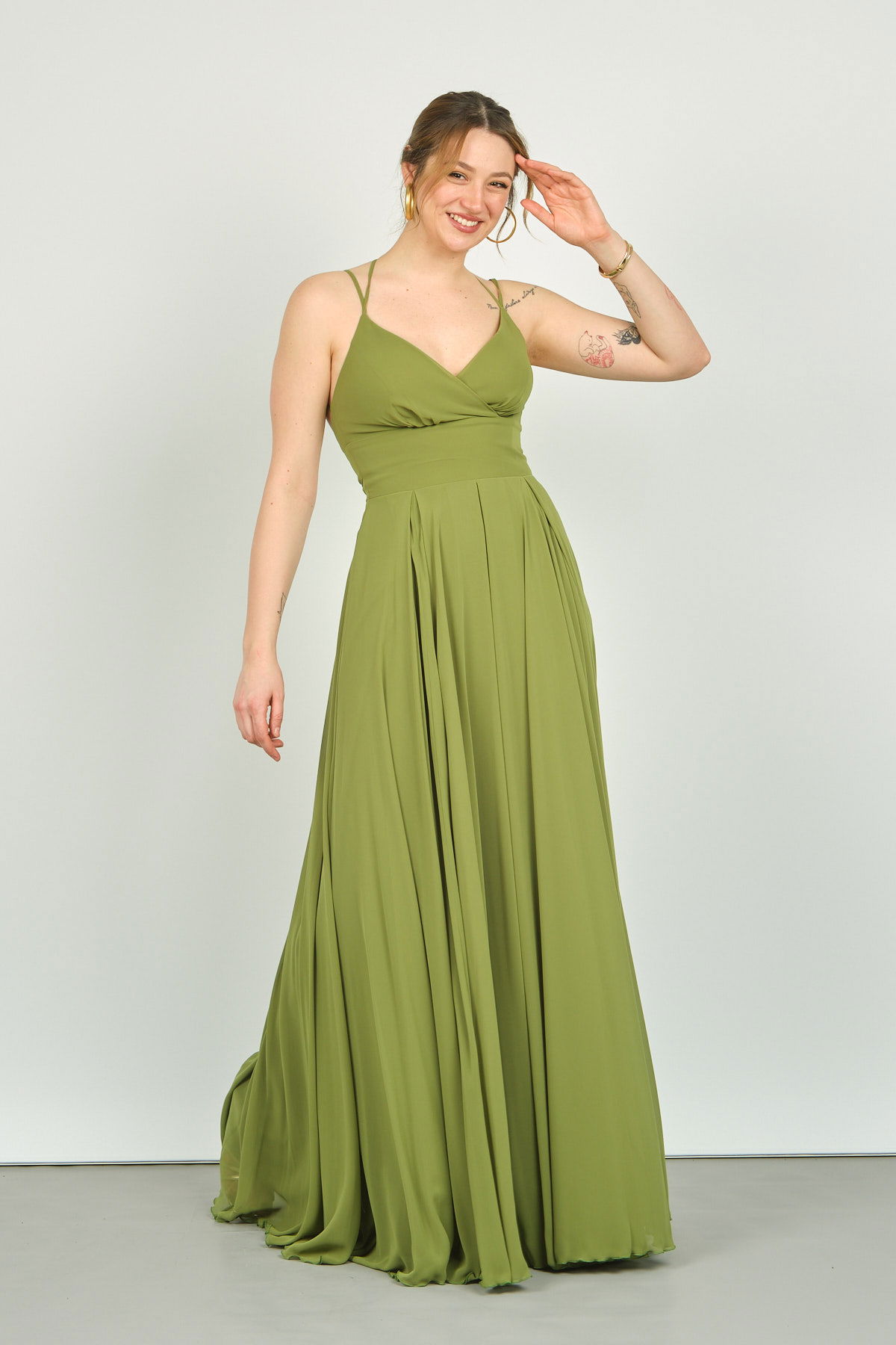 Doridorca Kadın İp Askılı Uzun Abiye Elbise 4115 Haki - 1