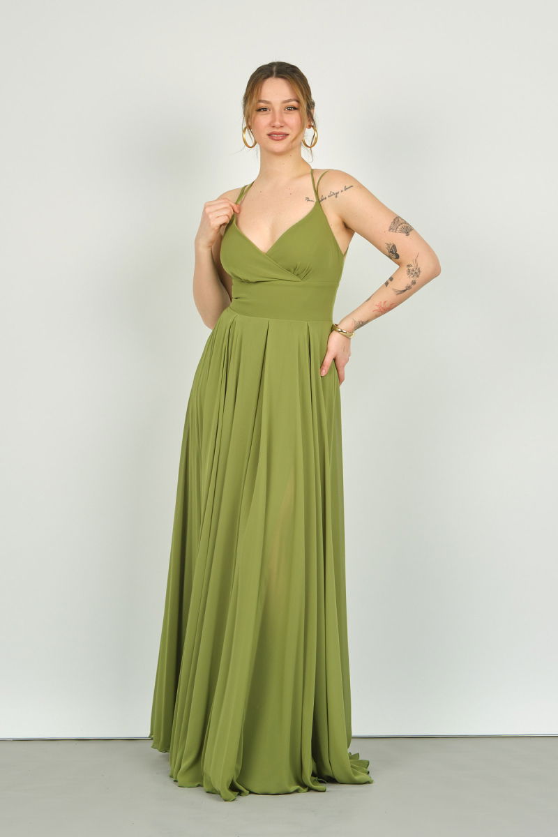 Doridorca Kadın İp Askılı Uzun Abiye Elbise 4115 Haki - 2