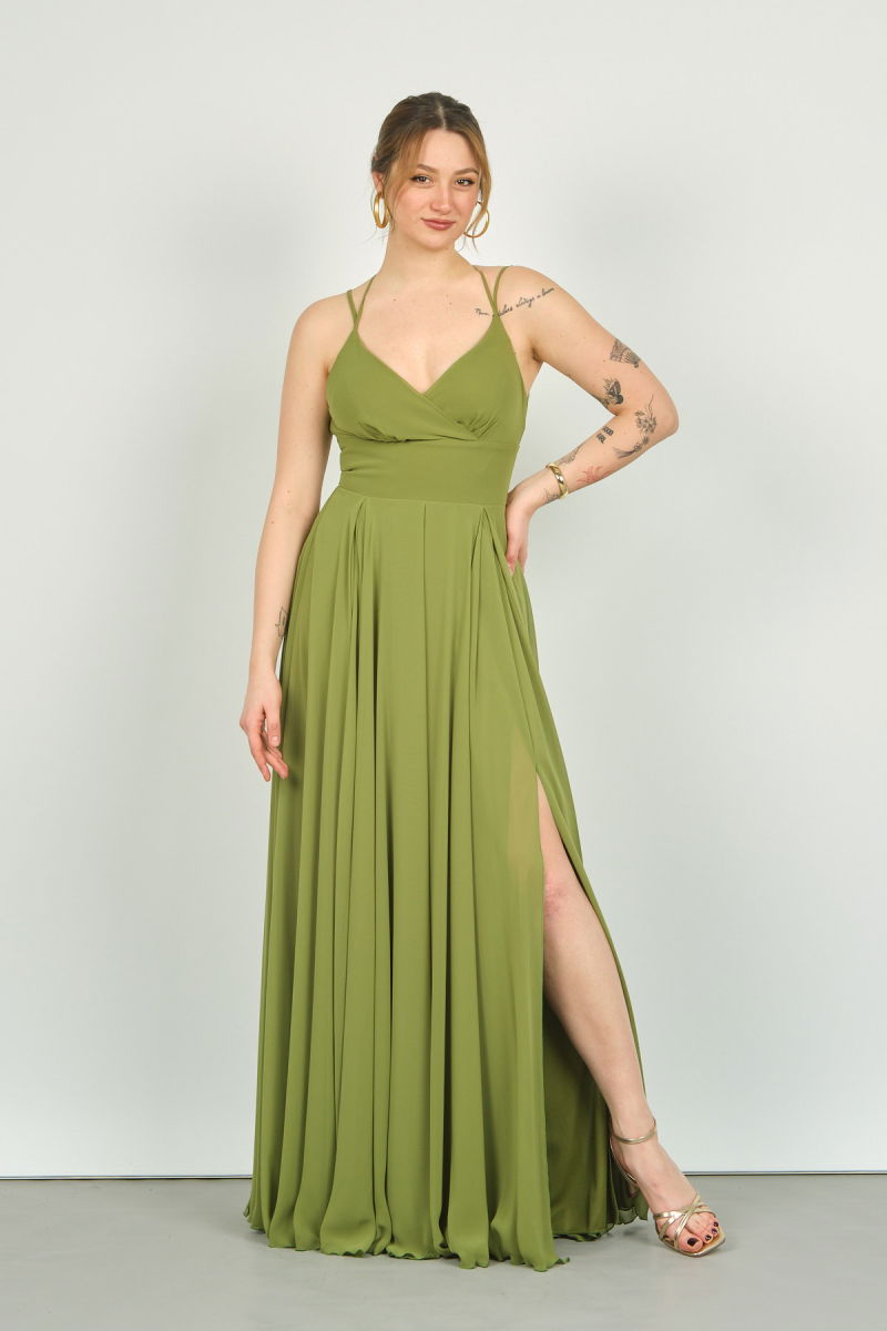 Doridorca Kadın İp Askılı Uzun Abiye Elbise 4115 Haki - 3