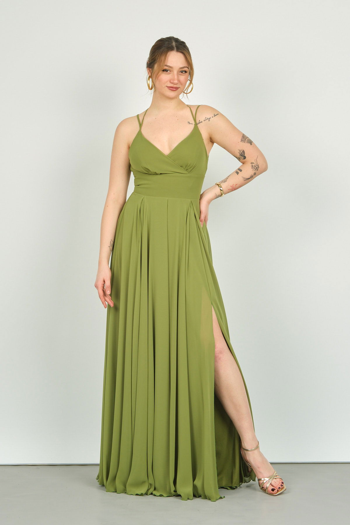 Doridorca Kadın İp Askılı Uzun Abiye Elbise 4115 Haki - 3