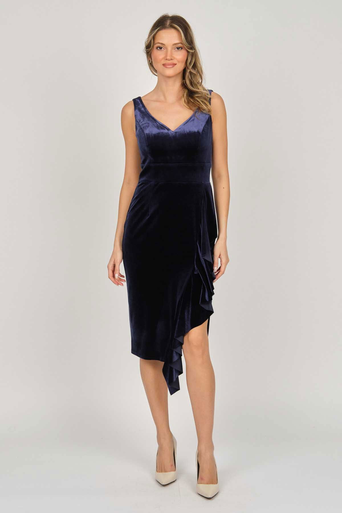 Doridorca Kadın Kadife Kısa Abiye Elbise 5921198 Lacivert - 1