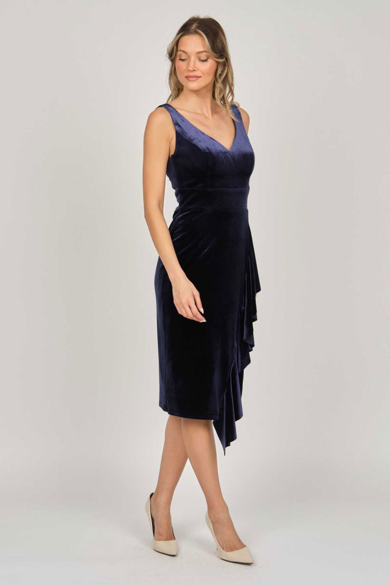 Doridorca Kadın Kadife Kısa Abiye Elbise 5921198 Lacivert - 3