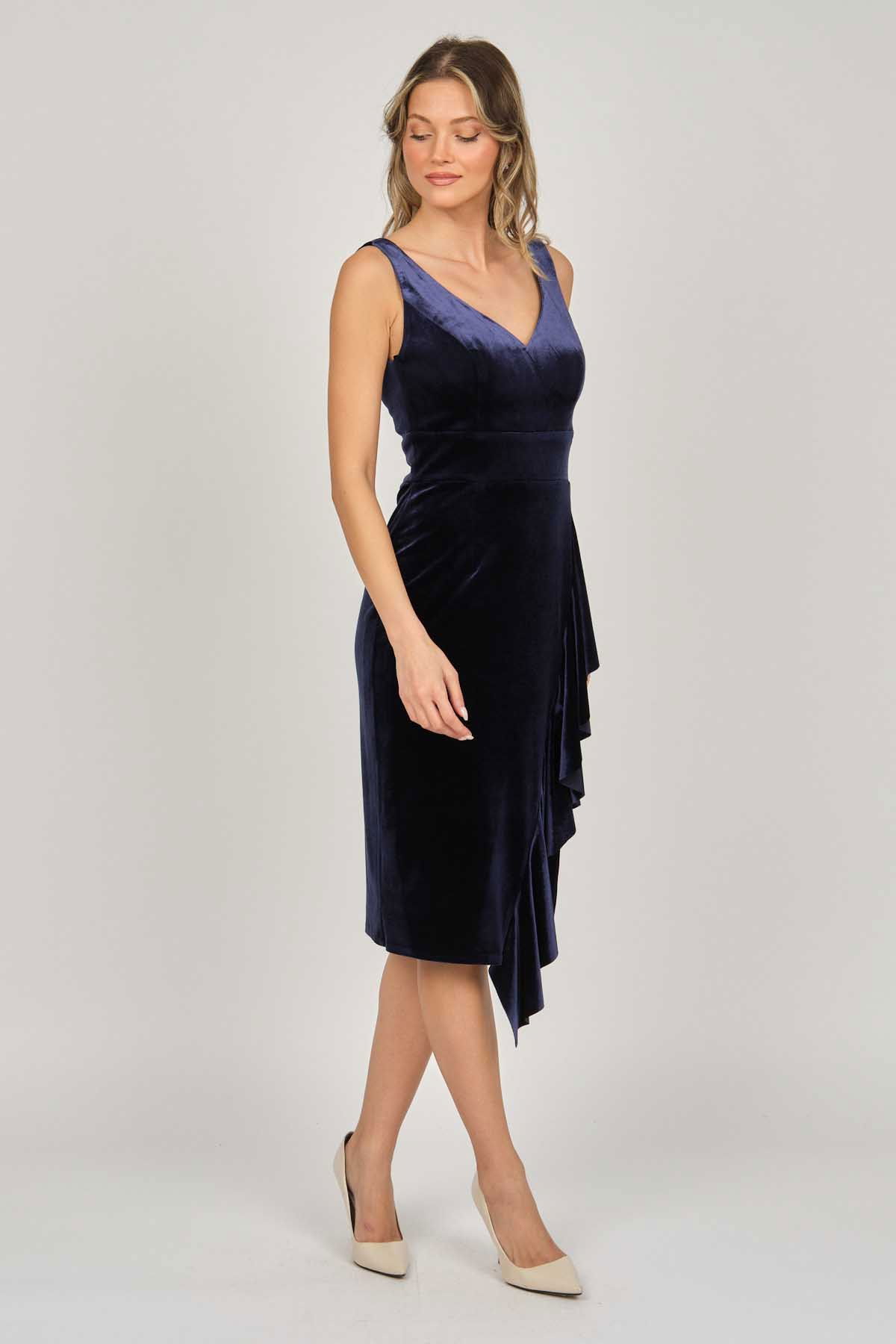 Doridorca Kadın Kadife Kısa Abiye Elbise 5921198 Lacivert - 3