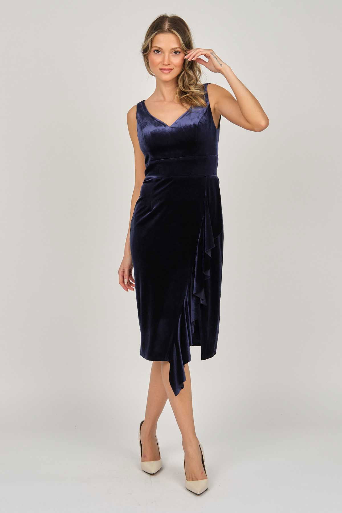 Doridorca Kadın Kadife Kısa Abiye Elbise 5921198 Lacivert - 7