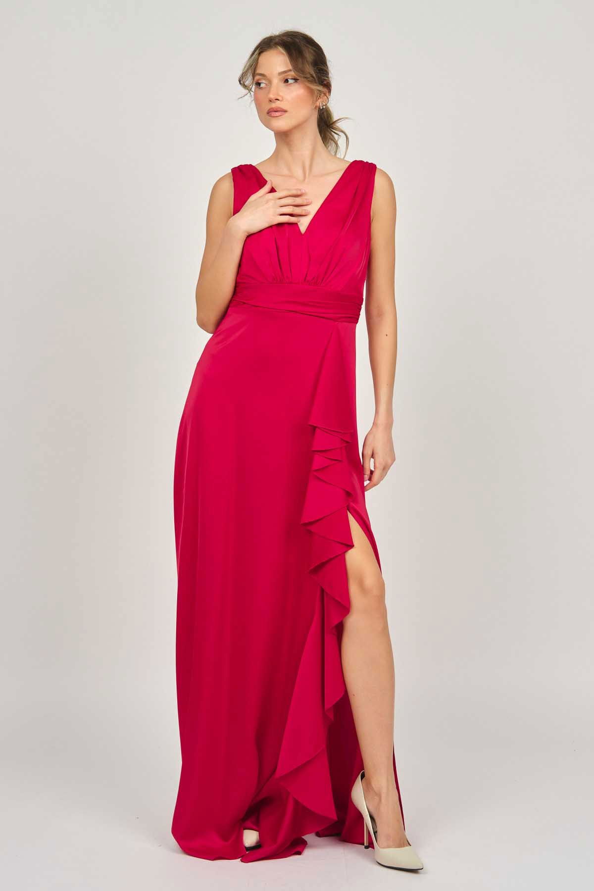 Doridorca Kadın Kalın Askılı Uzun Abiye Elbise 5921178 Kırmızı - 6