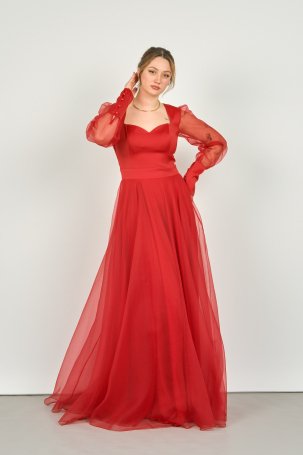 Doridorca Kadın Kalp Yaka Uzun Kollu Tül Abiye Elbise 3048 Kırmızı - 1