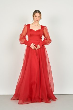 Doridorca Kadın Kalp Yaka Uzun Kollu Tül Abiye Elbise 3048 Kırmızı - 2