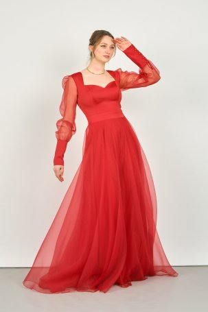 Doridorca Kadın Kalp Yaka Uzun Kollu Tül Abiye Elbise 3048 Kırmızı - 3