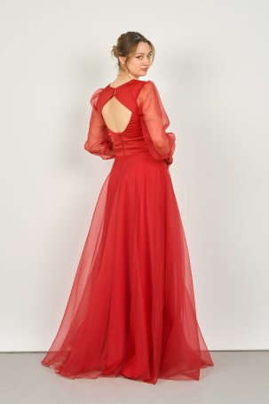 Doridorca Kadın Kalp Yaka Uzun Kollu Tül Abiye Elbise 3048 Kırmızı - 4