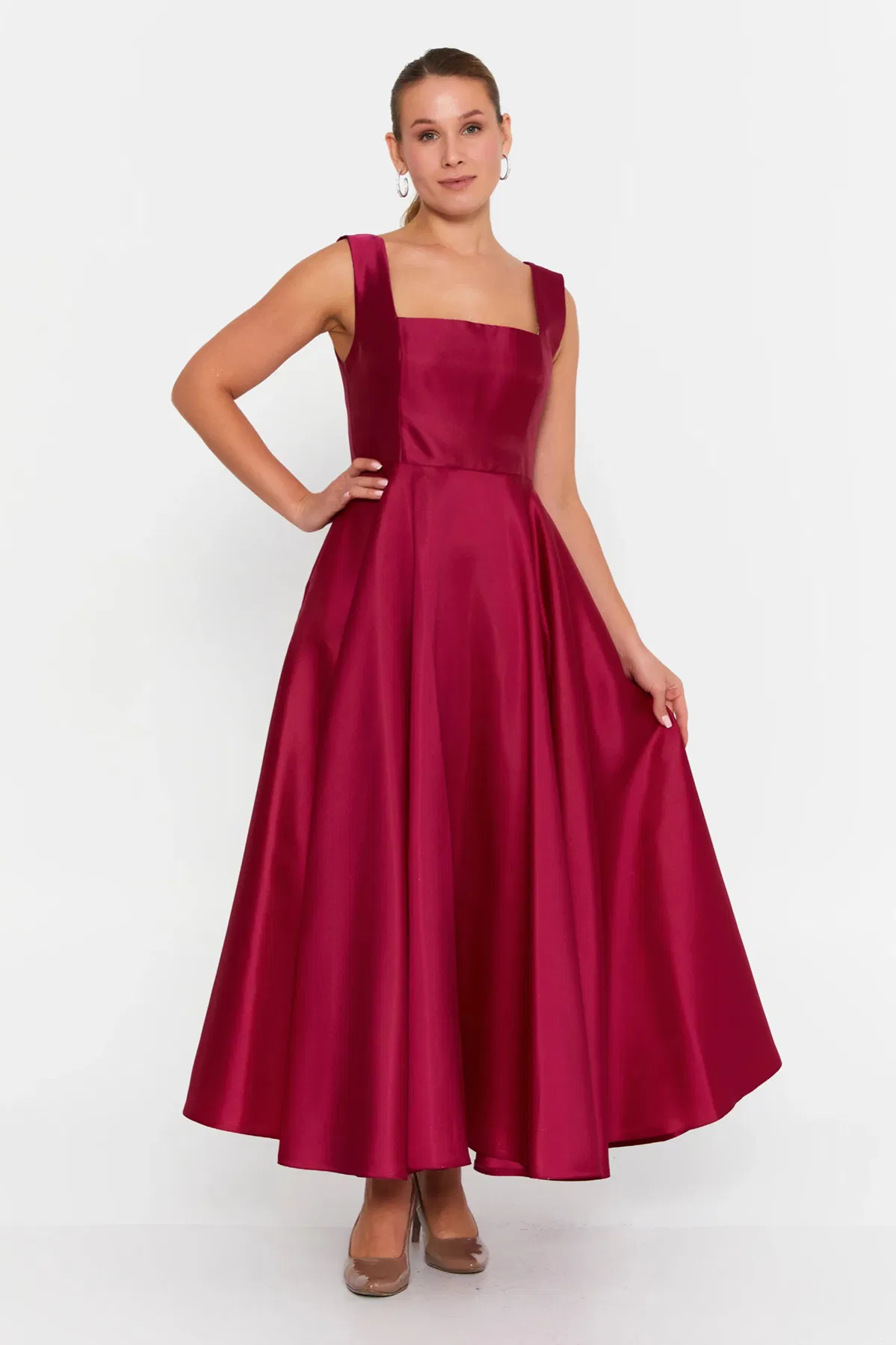 Doridorca Kadın Kare Yaka Kalın Askılı Bilek Boy Saten Abiye Elbise 6098 Vişne - 1