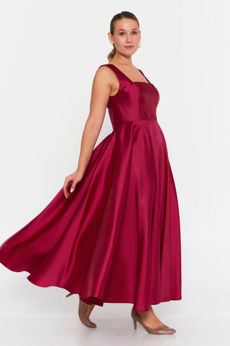 Doridorca Kadın Kare Yaka Kalın Askılı Bilek Boy Saten Abiye Elbise 6098 Vişne - 2