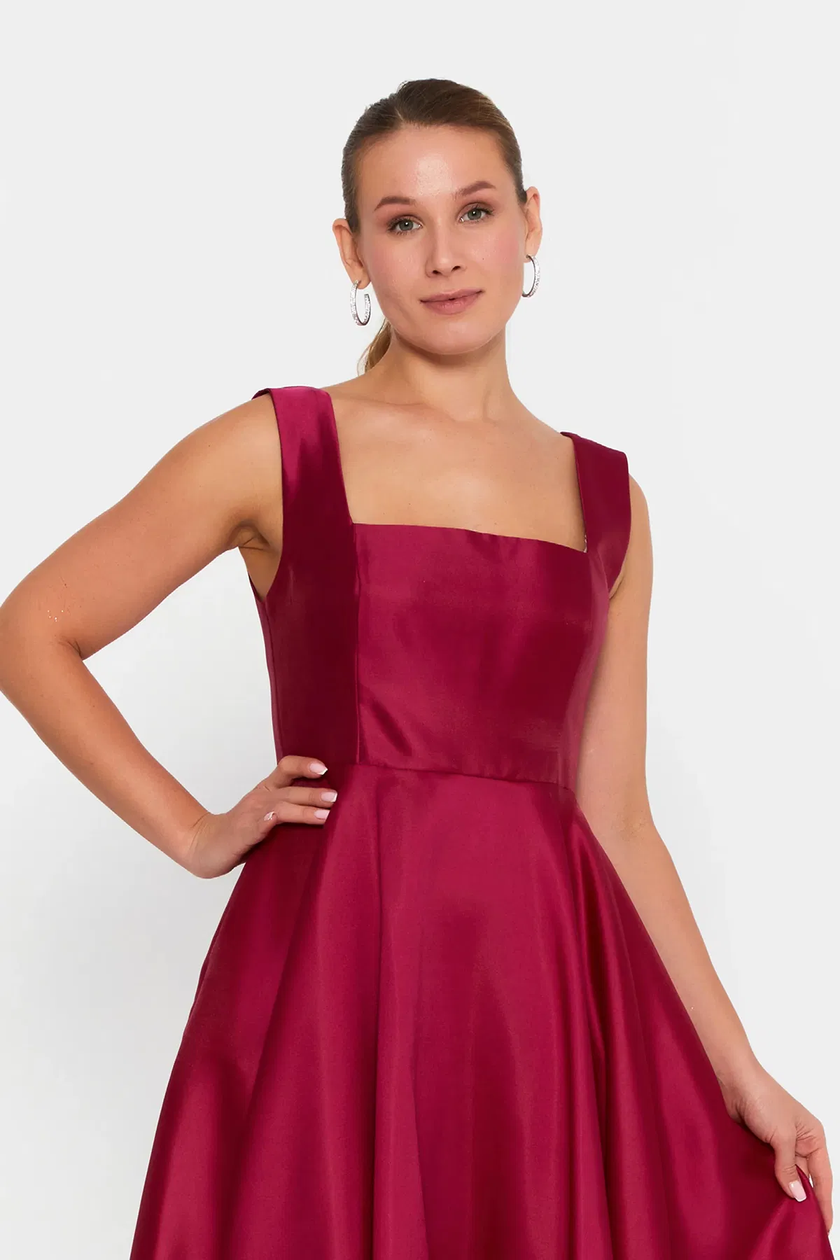 Doridorca Kadın Kare Yaka Kalın Askılı Bilek Boy Saten Abiye Elbise 6098 Vişne - 3