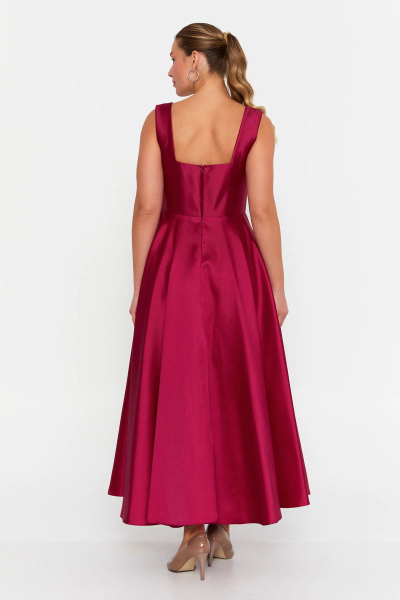 Doridorca Kadın Kare Yaka Kalın Askılı Bilek Boy Saten Abiye Elbise 6098 Vişne - 4