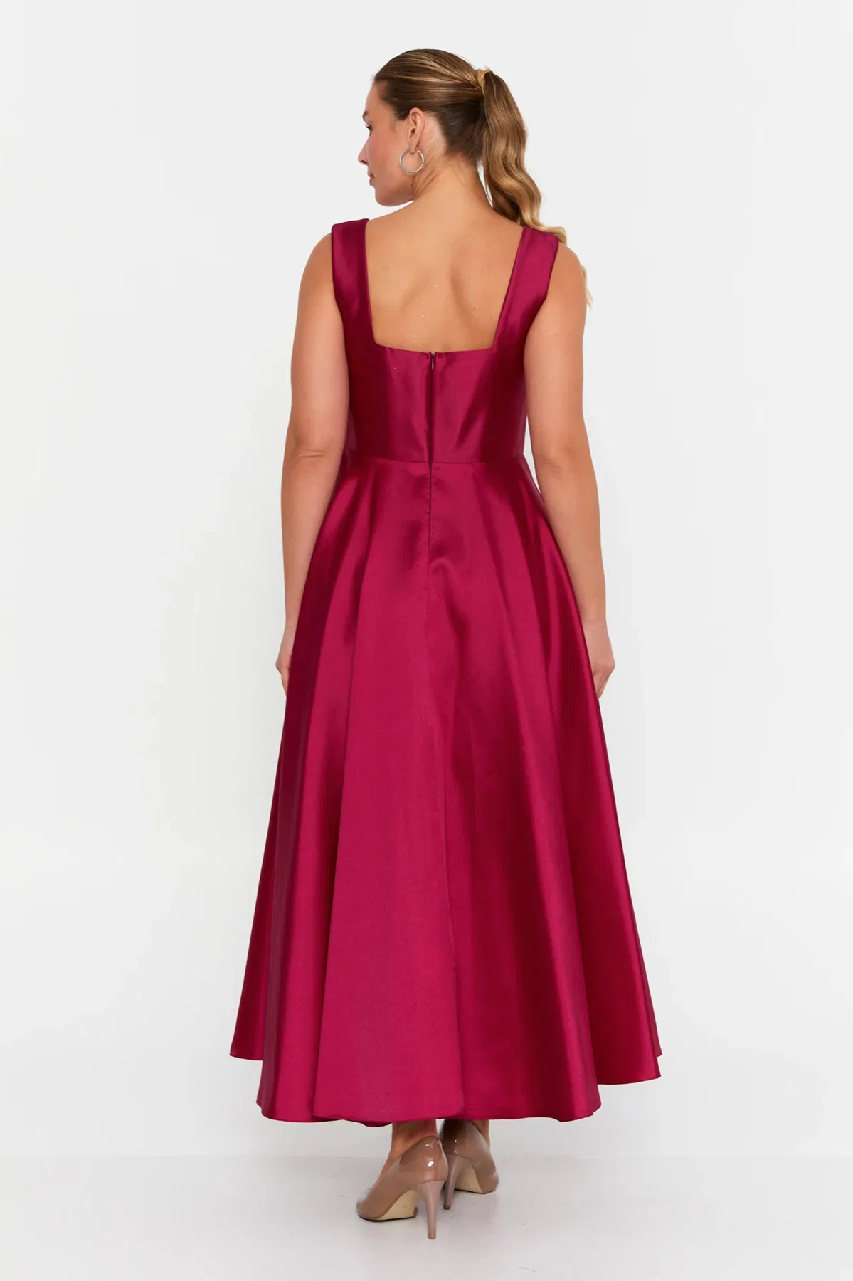 Doridorca Kadın Kare Yaka Kalın Askılı Bilek Boy Saten Abiye Elbise 6098 Vişne - 4